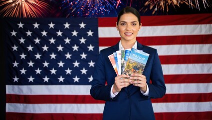 A Confident Professional Holding Travel Brochures in Front of an American Flag with Fireworks in the Background Celebrating National Pride and Exploration