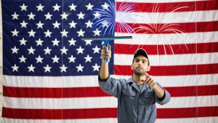 A Dedicated Worker Cleaning Windows Beneath a Vibrant American Flag, Celebrating National Pride with Sparkling Fireworks in the Background