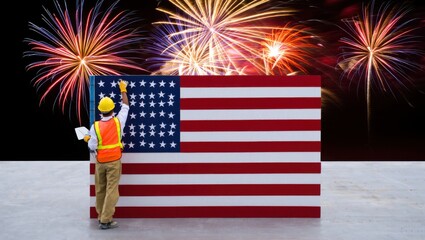A Construction Worker Painting the American Flag Against a Safety Barrier with Colorful Fireworks Display in the Background Celebrating Freedom and Unity