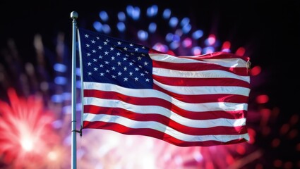 A Vibrant Display of Independence Celebrations Featuring the American Flag Against a Background of Explosive Fireworks in a Night Sky