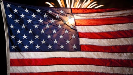 Waving American Flag Illuminated by Fireworks, Symbolizing Patriotism and Celebration in a Nighttime Display of National Pride