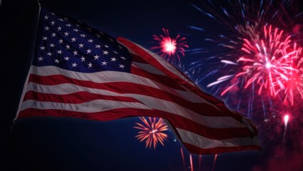 A Majestic Display of Patriotism: American Flag Waving Against a Backdrop of Colorful Fireworks Lighting Up the Night Sky