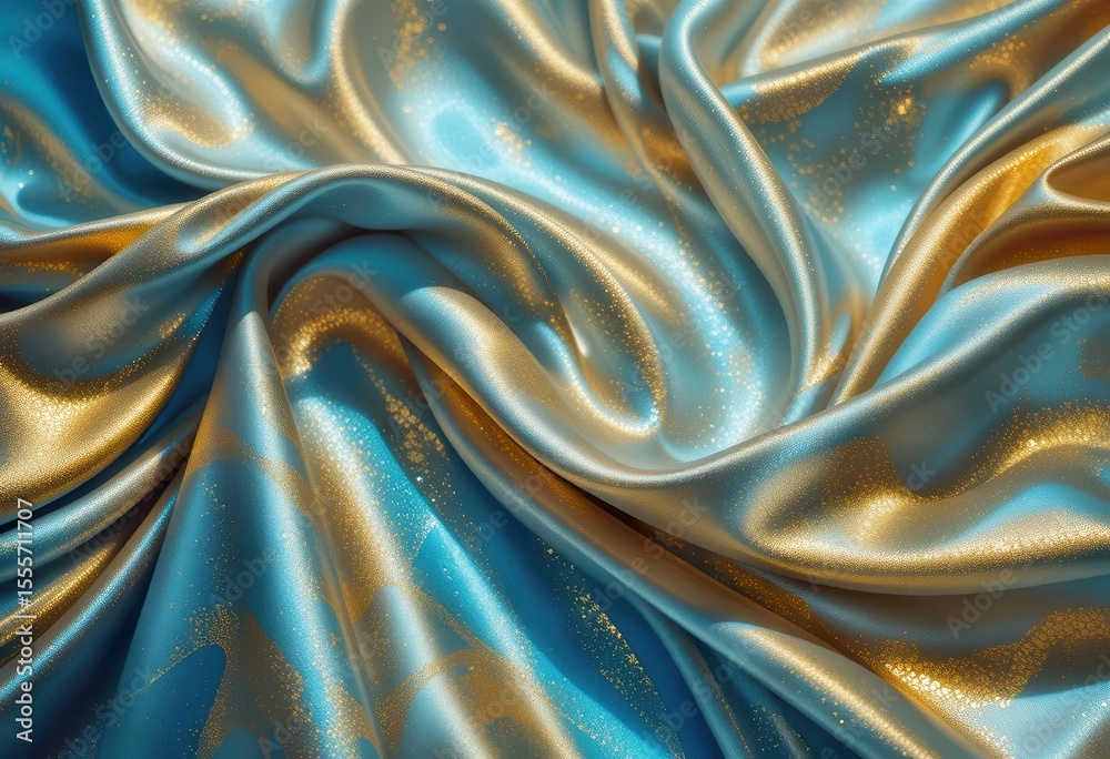 Fototapete Beautiful silk fabric with golden patterns and a shimmering blue background for computer backgrounds