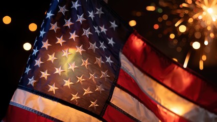 A Glorious American Flag Shining Brightly Against a Backdrop of Colorful Fireworks Celebrating National Pride and Unity in a Nighttime Display