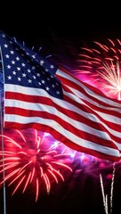 A Majestic Display of American Patriotism: The Stars and Stripes Flies Graciously Amidst a Colorful Fireworks Spectacle in the Night Sky