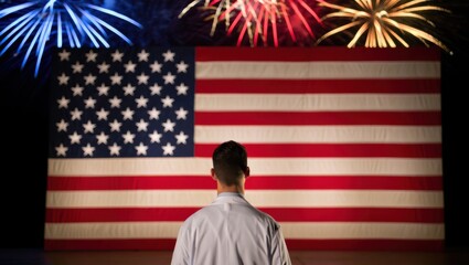 A Proud Moment: Observing Spectacular Fireworks Against the Backdrop of the American Flag, Celebrating Patriotism and Unity on a Special Occasion.