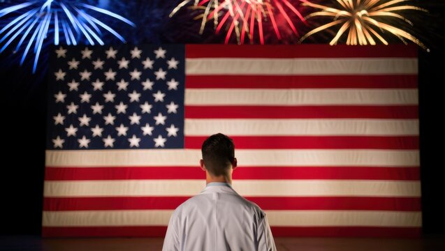 A Proud Moment: Observing Spectacular Fireworks Against the Backdrop of the American Flag, Celebrating Patriotism and Unity on a Special Occasion.