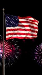 A Vibrant Display of the American Flag Surrounded by Colorful Fireworks in a Night Sky Celebration of National Identity and Freedom.