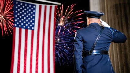 A Proud Soldier Salutes Under Fireworks with an American Flag in the Background, Celebrating National Spirit and Honor
