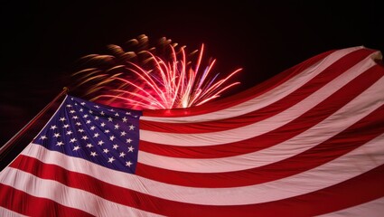 A Majestic American Flag Waves in Celebration Amidst a Dazzling Display of Colorful Fireworks Lighting Up the Night Sky, Symbolizing Freedom and Unity.