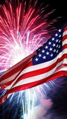 A Majestic Display of Patriotism Unfolds as the American Flag Waves Proudly Against a Spectacular Background of Colorful Fireworks Igniting the Night Sky