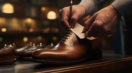 Craftsmanship of Leather Shoe with Handwritten Note on Table