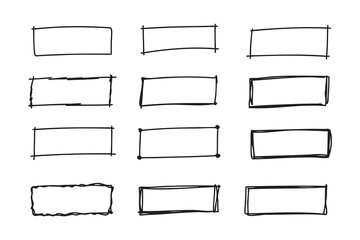 Hand drawn doodle vector rectangle frames. Grungy scribble rectangle frames. Doodle geometric borders. Pen ink empty black text boxes set. 