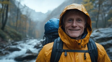 A happy elderly man in a rain jacket, smiling at the camera on a misty mountain hike, with fog rolling through the forest and rocky terrain surrounding him.