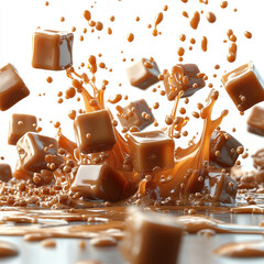 Delicious caramel candies splashing