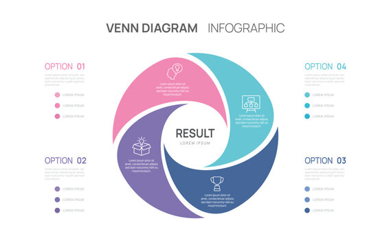 Venn diagram infographic chart template for business 4 options presentation with icons elements vector illustration.