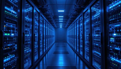 Quantum computer in a dark data center glowing with blue light, concept of next-generation computing and quantum processing