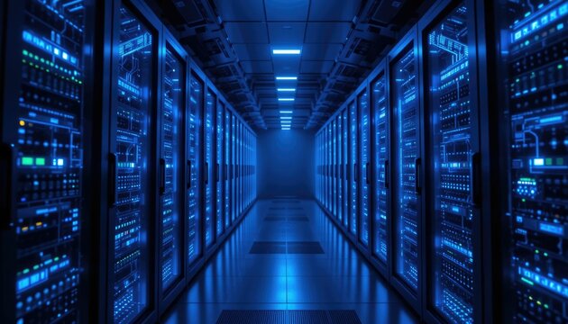 Quantum computer in a dark data center glowing with blue light, concept of next-generation computing and quantum processing