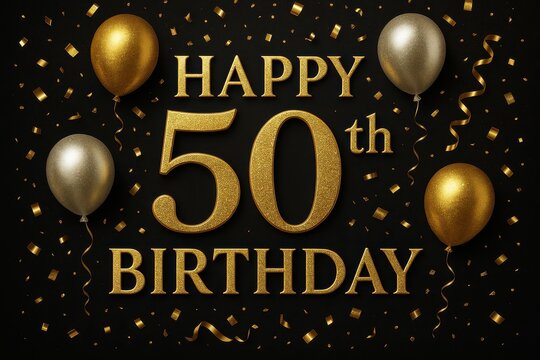 Luxurious 50th birthday celebration, golden accents, elegant design with balloons and stars - Powered by Adobe