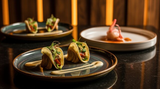 Gourmet tacos with sauce on elegant plates in upscale restaurant setting