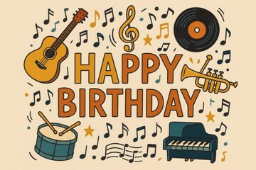 Musical birthday celebration with instruments like guitar and violin, colorful theme