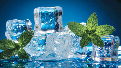 Ice cubes with mint leaves on a blue background. The scene captures the freshness and coolness of the ice, ideal for summer drinks or cocktails.