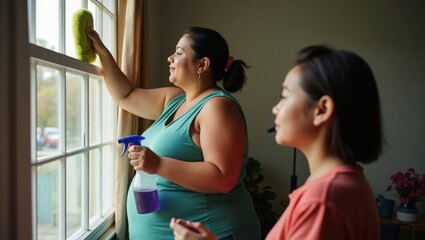 mother and daughter cleaning the house, 