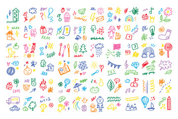 Doodle kids color set. Hand drawn simple decorative elements. Various icons, hearts, stars, lines