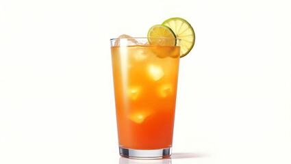 Fototapeta premium Refreshing Iced Orange Juice Drink with Lemon Garnish in Tall Glass, Studio Shot, White Background, Summer Beverage Concept, Clean and Vibrant.