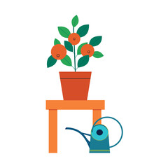A potted orange tree and a watering can. Homegrown concept vector illustration.