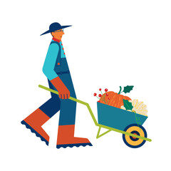 A man pushes a wheelbarrow overflowing with pumpkins. Homegrown concept vector illustration.