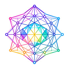 Abstract Geometric Shape with Vibrant Colors and Intricate Lines on White Background Featuring Spheres and Polyhedral Structures