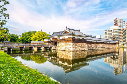 View at the Gomon bridge over moat to Castle in the streets of Hiroshima - Japan