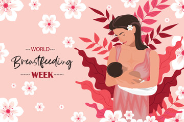 World Breastfeeding Week Illustration Featuring Mother Nursing Baby Surrounded by Pink Floral and Leaf Motifs on Pastel Background.
