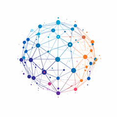 Abstract Spherical Network with Blue Orange and Purple Gradient Nodes and Interconnected Data Points on White Background
