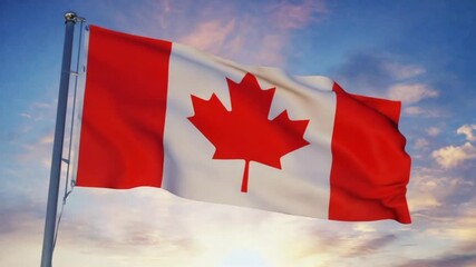 Canadian flag waves majestically against scenic sunset sky.