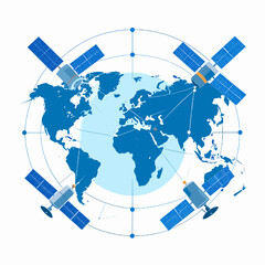 Blue Globe with Satellites Orbiting Earth Depicting Worldwide Network Connection with Blue and White Color Scheme Flat Design