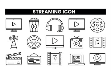 Set of  outline icons related to streaming. Linear icon collection. Editable stroke. Vector illustration