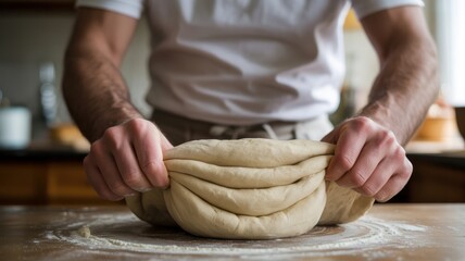 Young caucasian male kneading bread dough in kitchen setting