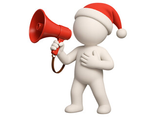 3D Character Wearing Santa Hat with Megaphone Making Christmas Announcement – Isolated on Transparent Background