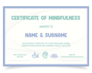 Certificate of Mindfulness Template Minimalist Award Diploma for Meditation Wellness and Self Care 