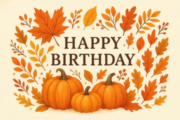 Autumn birthday with pumpkins, fall foliage, warm colors, harvest birthday theme
