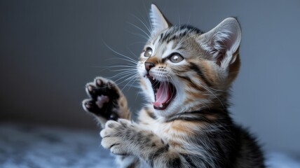 Obraz premium Playful tabby kitten with striped fur and open mouth in excited pose