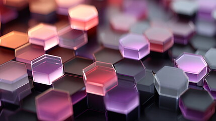 Fototapeta premium Shiny multi-colored hexagonal shapes with depth of field. Abstract glass crystal geometric background. Reflective light and color spectrum.