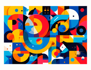 Obraz premium Vibrant Geometric Mosaic With Circles and Triangles in Bold Red Yellow and Blue Colors on a White Background