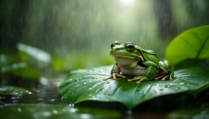 Obraz premium Piccola rana sotto la pioggia su una foglia della foresta