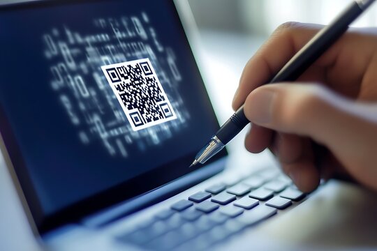 Hand holding stylus pointing at Q R code on laptop screen qr code digital - Powered by Adobe