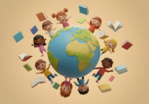 Diverse children surrounding globe learning and unity