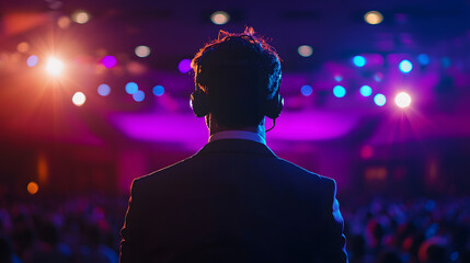 Motivational speaker with headset performing on stage
