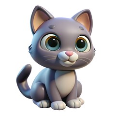 Adorable 3d cartoon gray kitten with big blue eyes sitting and looking forward